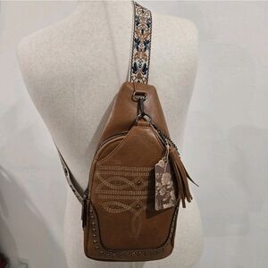 Sam And Hadley Sling Bag Western Style Tan Studded Purse. Floral Strap